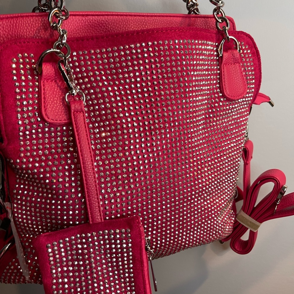 Hot Pink & Rhinestones Shoulder bag with crossbody straps.